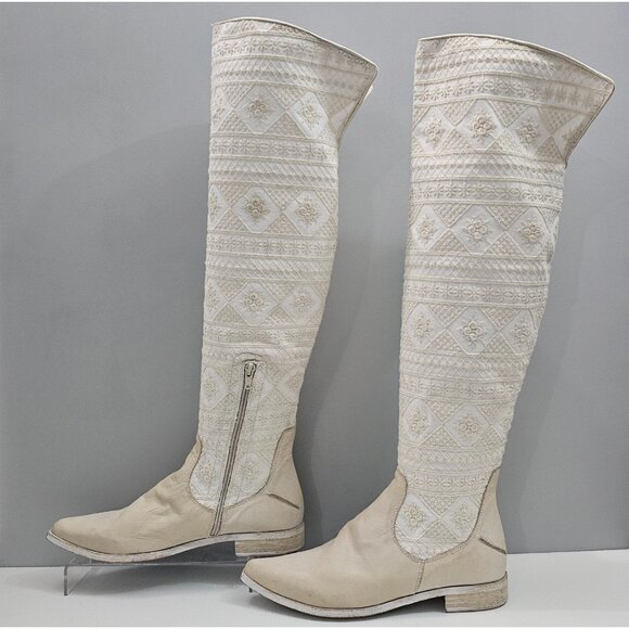Free People Bren Knee High Boot Womens EU 39 Cream Embroidered Boho Slouchy - Picture 2 of 16
